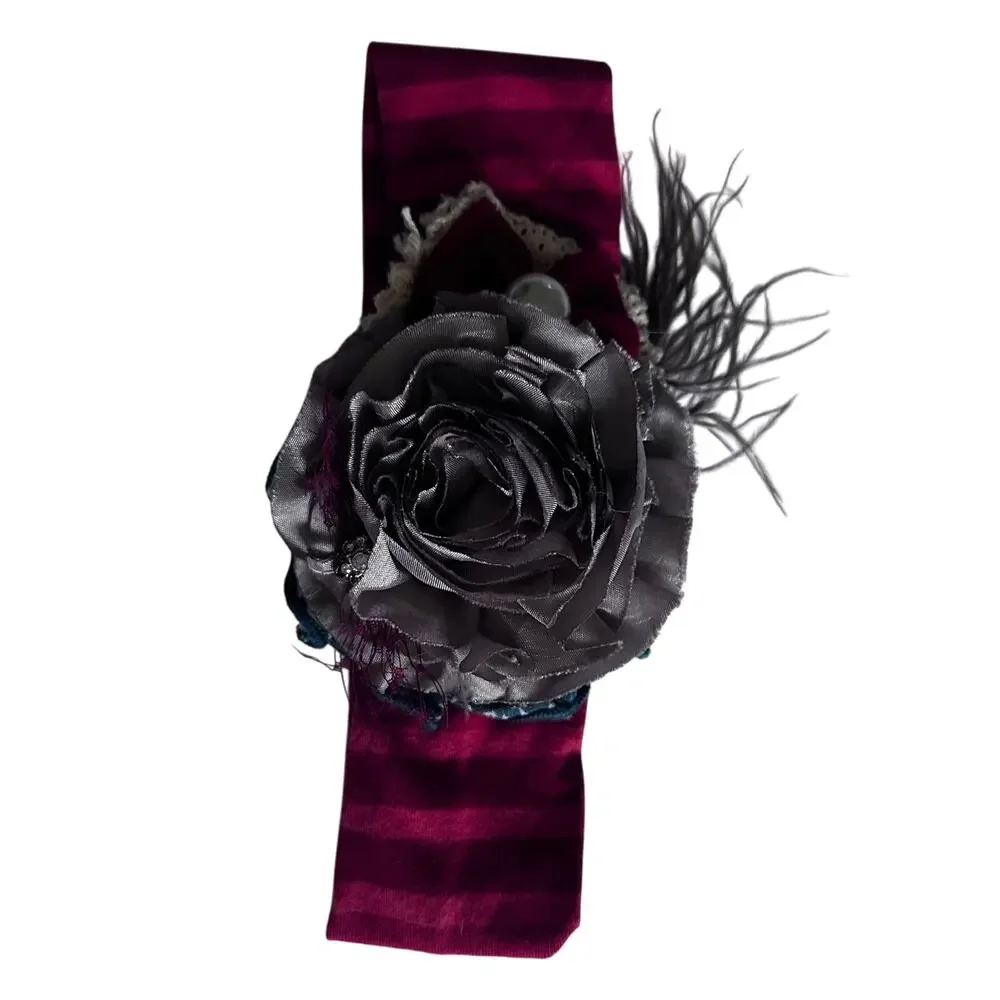 Persnickety Festive Holiday Headband Wrap Red Stripe Floral Detail